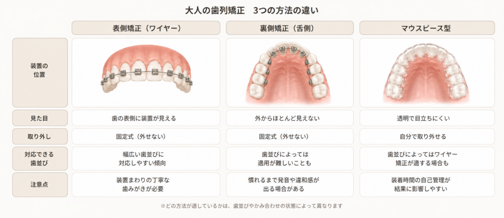 大人の歯列矯正の主な方法と特徴